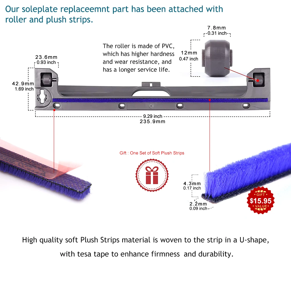 Bottom Cover Soleplate Soft Plush Strips Soleplate Wheels Replacement for Dyson V6 V7 V8 V10 V11 Soft Roller Cleaner Head