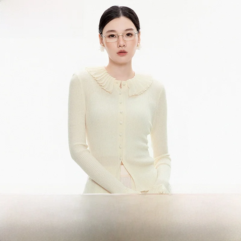 

Sweet Sle Women's Wool Blend Open Cardigan Sweater with Ruffle Collar 9M Charm Winter Faion Casual Long Sve Knitwear