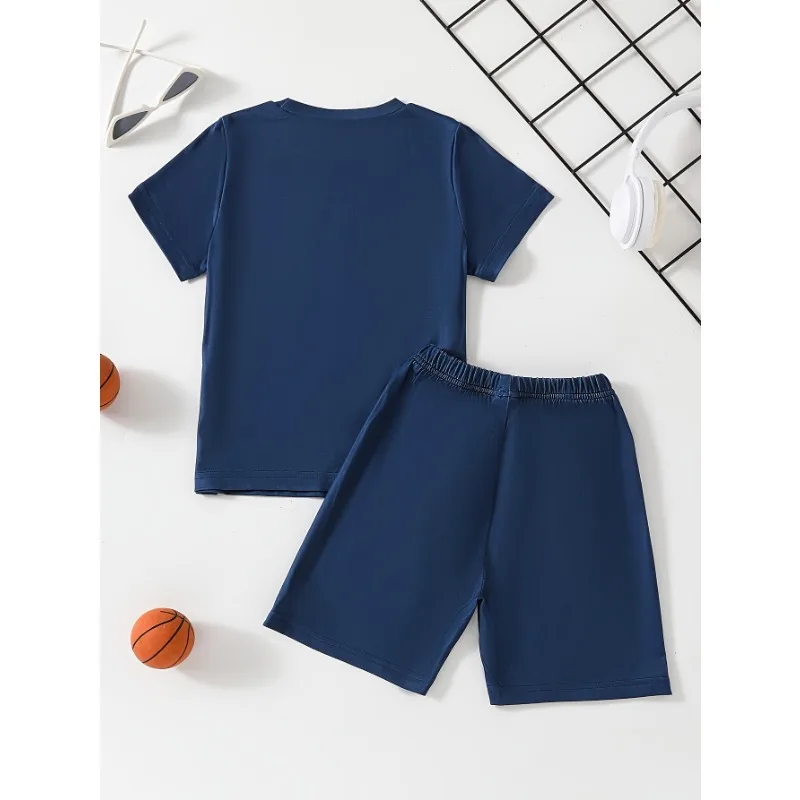 Boys Summer Loungewear Set – Fashion Basketball Pattern Print Short Sleeve Crew Neck Top & Letter Print Short Set