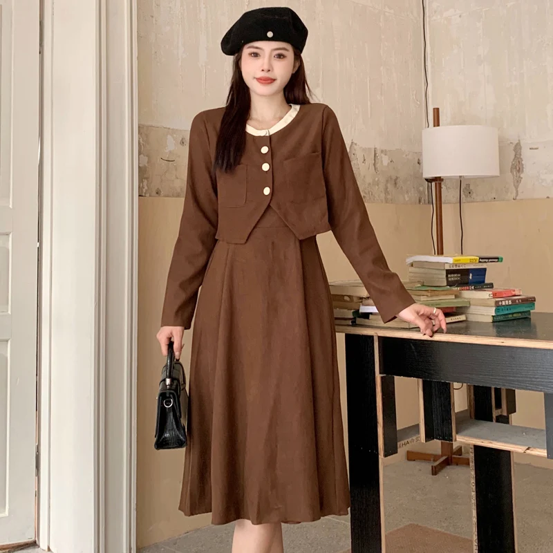 Fashion A-Line Single Breasted casual corduroy Dresses korean autumn Coat+Tank Top Maxi Dress Two Piece Set Solid party vestidos