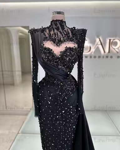 Black Mermaid Prom Dresses Long Sleeves Sequined Crystals Evening Dress Arabic Party Second Reception Birthday Engagement Gowns
