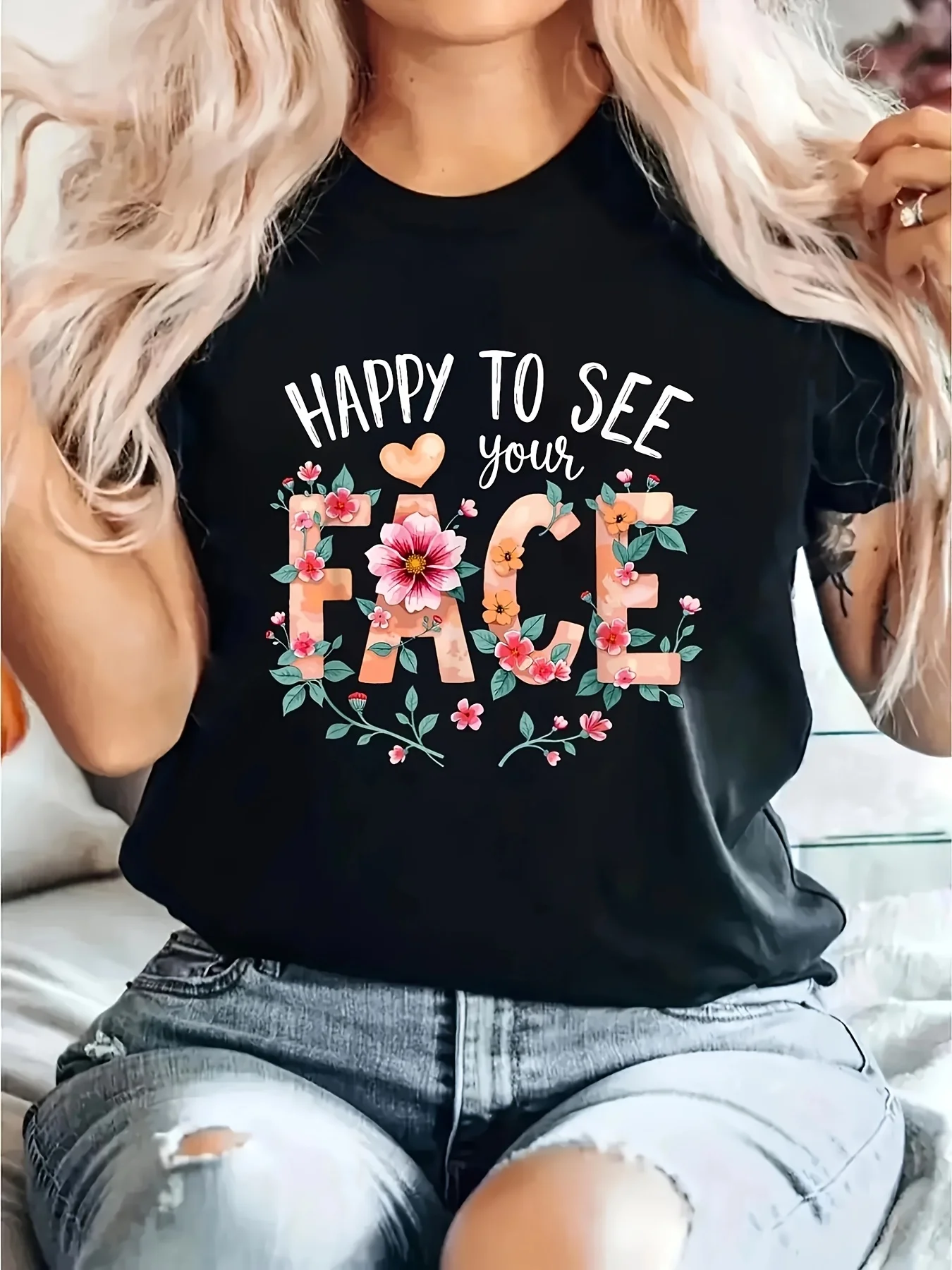 Camiseta con estampado Floral "Happy To See Your Face" para mujer, cuello redondo, ropa informal de manga corta Harajuku, ropa estética urbana