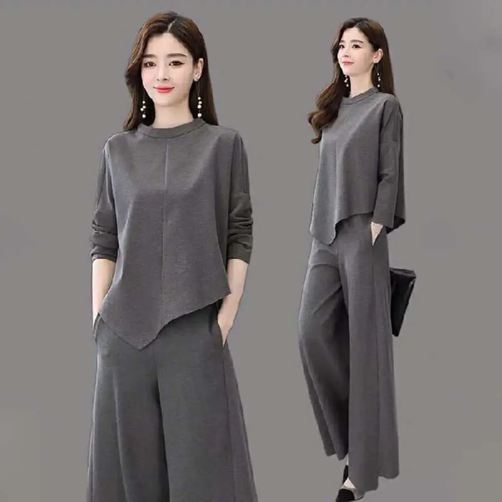 Women Long Culottes Suit Plus Size Commute Top Trousers Set with Irregular Hem Blouse Wide Leg Culottes 2 Pcs/set for Women