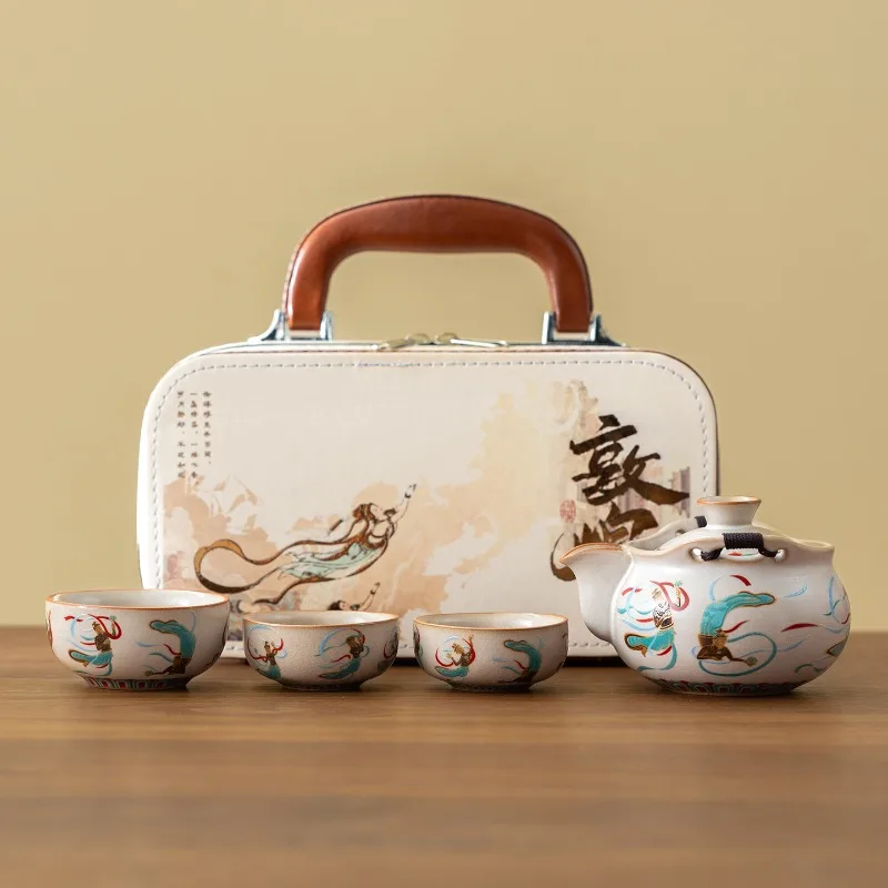 Dunhuang Ru Kiln Travel Tea Set Portable Outdoor Camping Ceramic Teapot with Three Cups Business Gift for Events