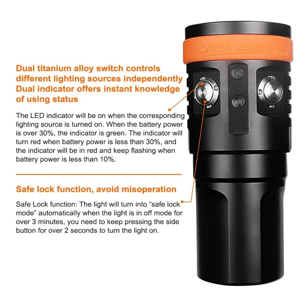 OrcaTorch D900V Powerful Dive Flashlight Underwater Lantern Professional Video Dive Light Lamp for Diving Magnetic fast-charging