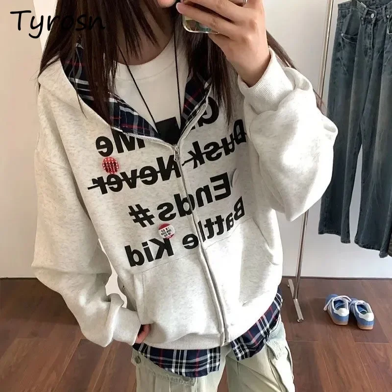 Kapuzen pullover Frauen Herbst amerikanische Straße gefälschte 2 stücke Patchwork Plaid Brief Design Reiß verschluss Temperament Jugend Mode täglich