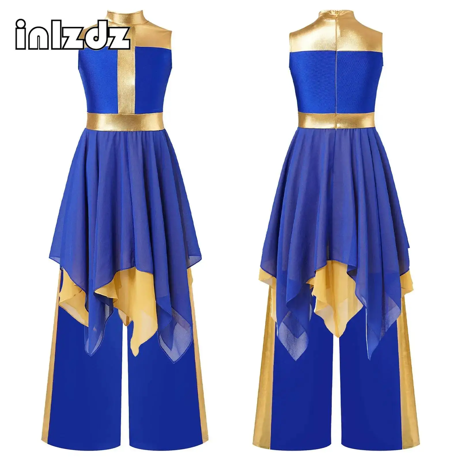

Kids Girls Praise Lyrical Dance Costume Outfits Sleeveless Irregular Hem Color Block Dress with Metallic Patchwork Wide-Leg Pant