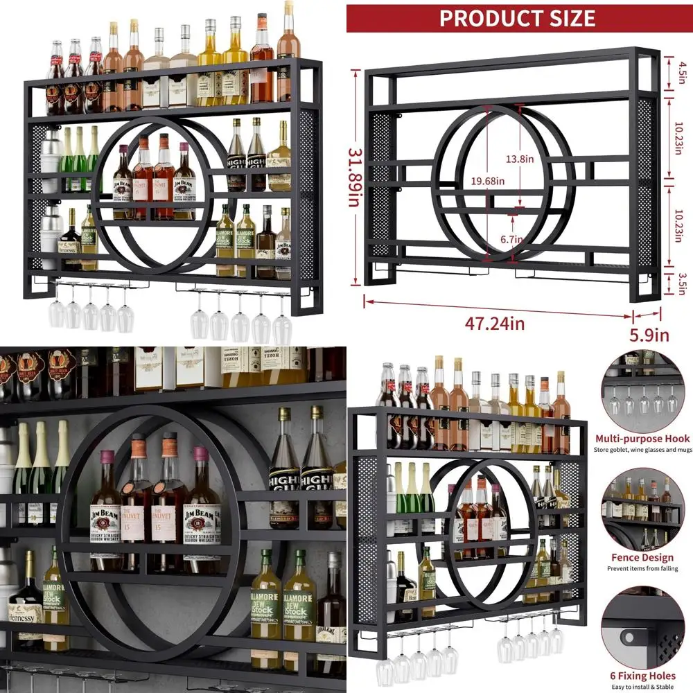 

Wall-Mounted 47" 3-Tier Wine Rack with Glass Holder for Industrial-Style Liquor Storage
