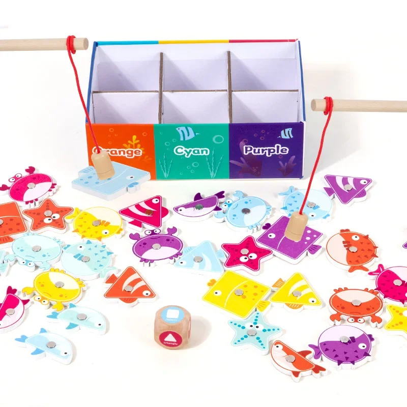 Multifunktionales magnetisches Angelspiel, Holzspielzeug – Englisch lernen, Farb- und Formkognitionsbox für Kinder
