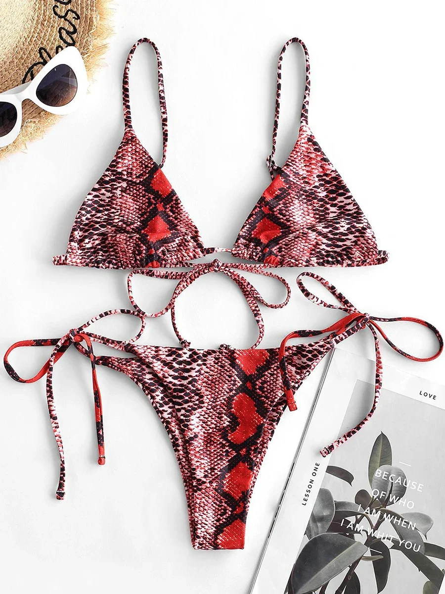 Sexy Snake Print Bikini 2024 Trend Women Swimsuit Female Swimwear Thong Lace Up Micro Bikinis Set Brazilian Biquini Bathing Suit