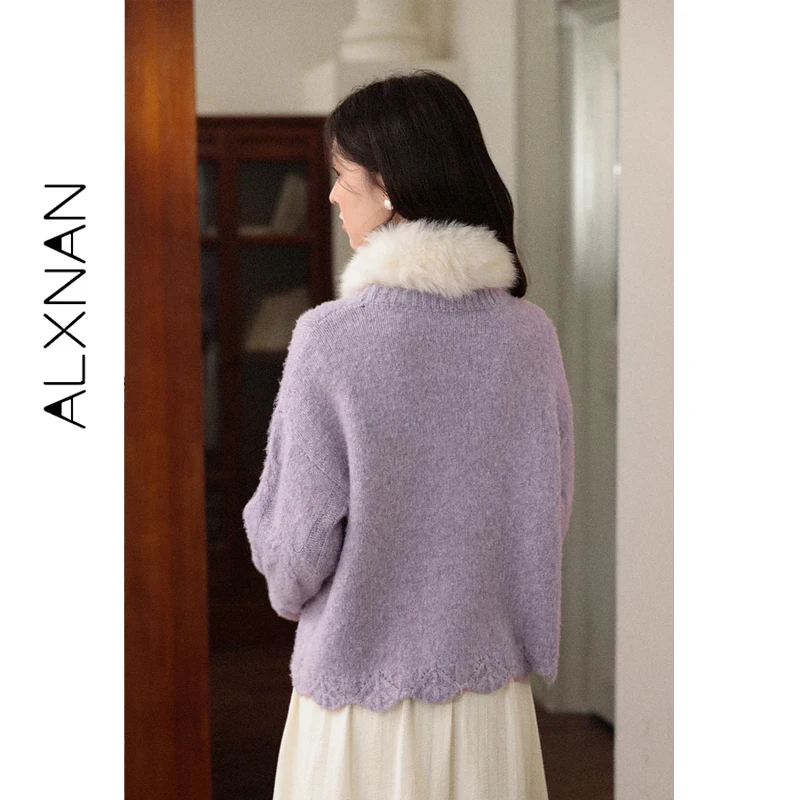 ALXNAN حجم كبير سترة الأرجواني الخريف الشتاء الدافئة فضفاضة تناسب كم طويل البلوز عادية ثلاثية الأبعاد الدانتيل مطرز المرأة لاعبا D00648