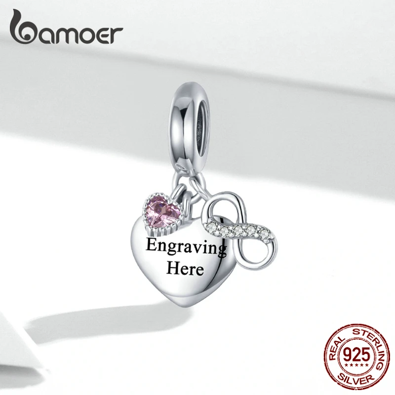 Silver 925 Sterling Silver Engraved Lettering Charm Bead Personalized Name Pet Zircon Heart Dangle Fit Original Bracelet Jewelry