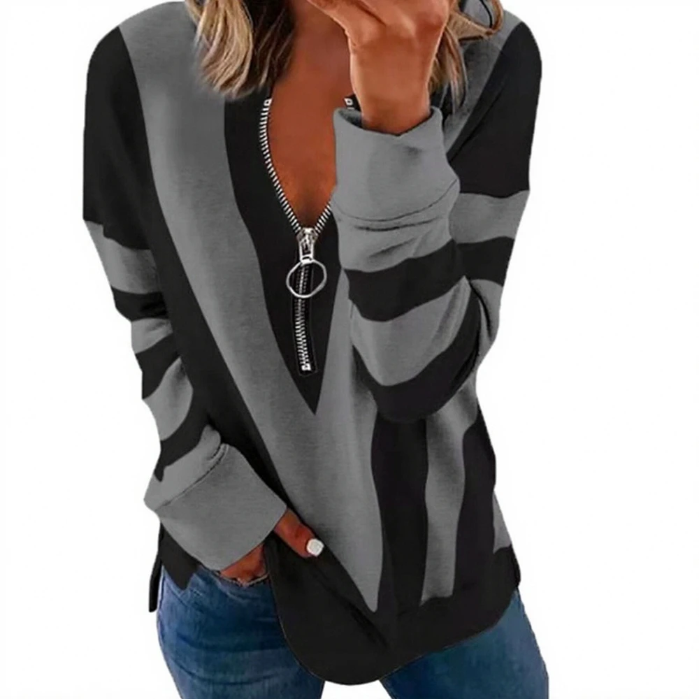 

Women's Long Sleeve Sweater V-Neck Zipper Personalized Printing Autumn Winter Fashionable Top for Ladies