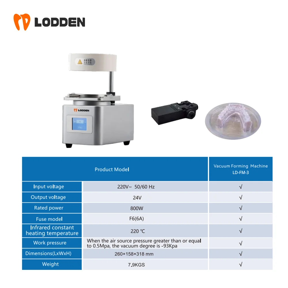 LODDEN Dental -95Kpa Pressure Automatic Vacuum Forming Machine for Retainers 0.5mm-3mm Film Compatible 125mm 127mm Sheet