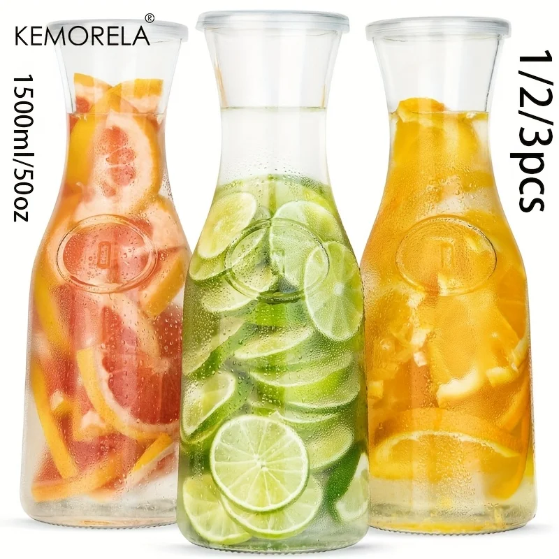 1/2/3PCS Glass Carafe Pitchers 1400ML Carafe Beverage Dispensers Clear Jugs for Mimosas Water Wine and Juice with Plastic Lids