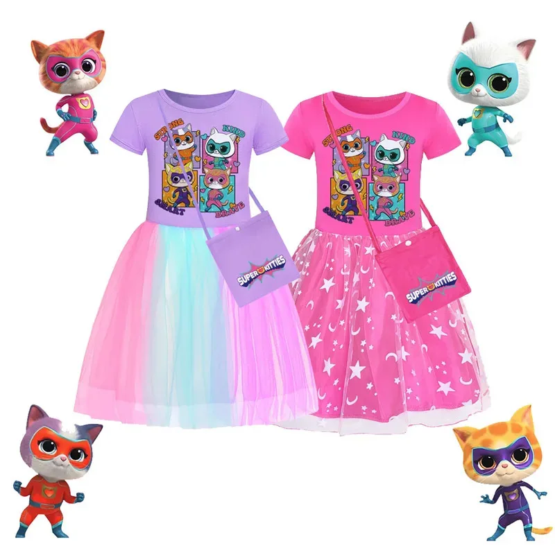 

Летнее платье для девочек с героями мультфильмов SuperKitties, милый костюм супер кота с короткими рукавами для девочек, платье + сумка, подарочные наборы на Хэллоуин и день рождения
