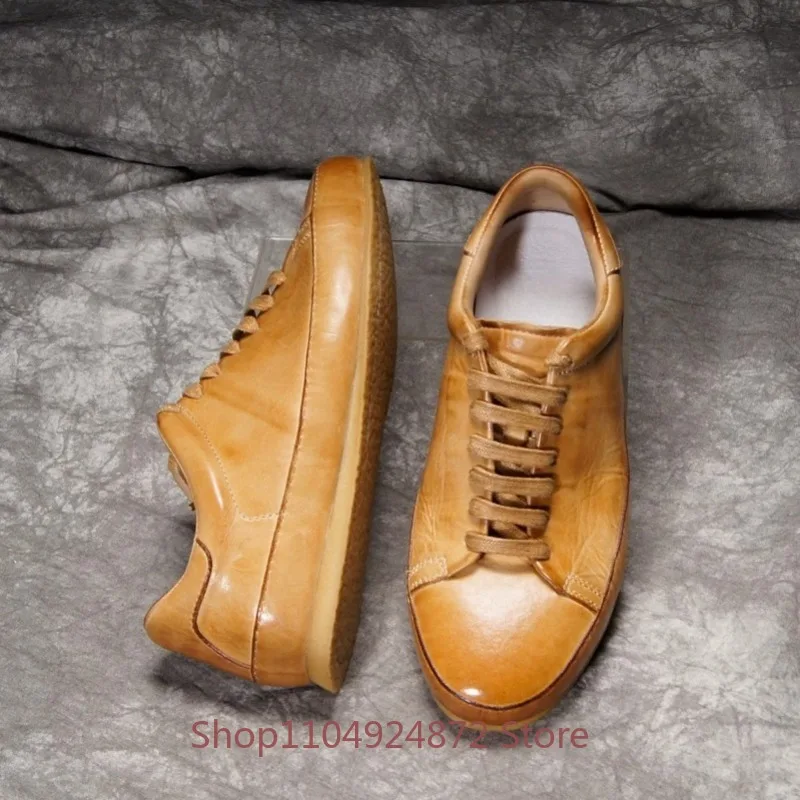 British Style Washed Handmade Sports Shoes Men's Vegetable Tanned Cowhide Casual Board Shoes Genuine Leather Training Shoes