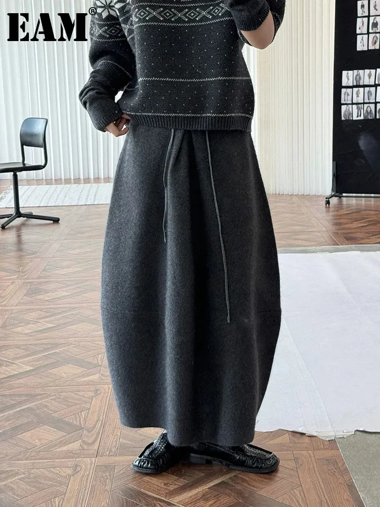 EAM High Elastic Waist Gray 36% Wool Elegant Back Slit Bud Half-body Skirt Women Fashion Tide New Spring Autumn 2025 1DH9461