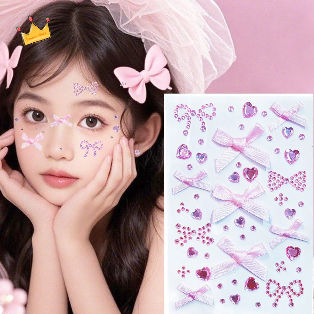 

Сверкающие наклейки-стразы для лица в виде банта, блестящие 3D-стразы, водонепроницаемые наклейки Y2K для фотокарточек, украшение для чехла телефона