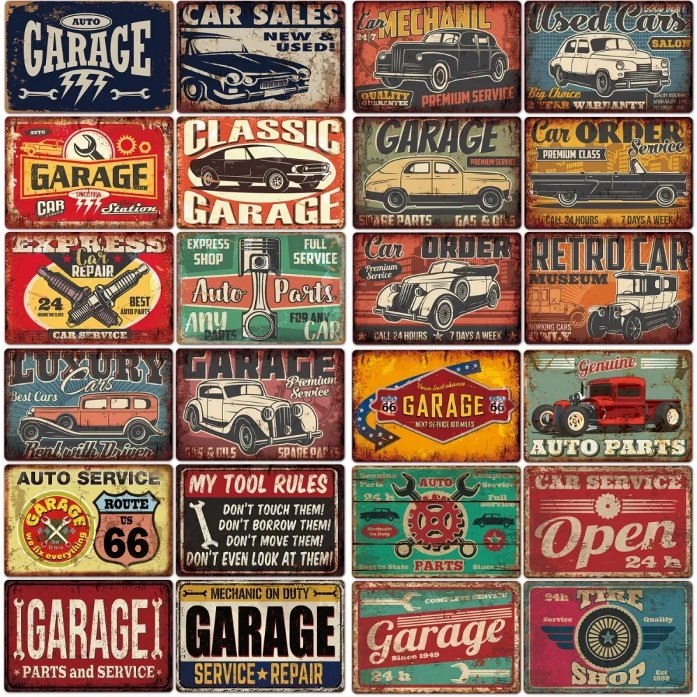 

American Garage Vintage Iron Sheet Painting Industrial Style Auto Repair Background Wall Frameless Decorative Hanging Picture