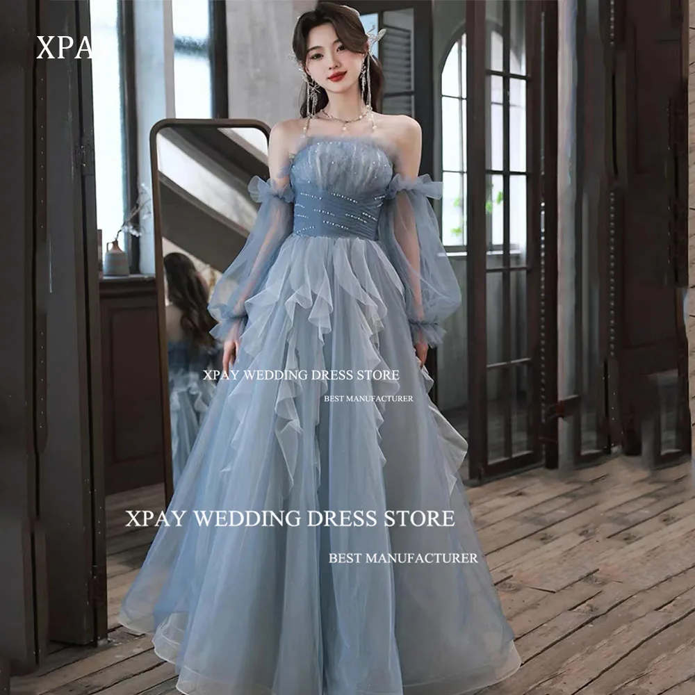 

XPAY Dusty Grey Ruffles Korea Evening Dress Photo Shoot Tiered Fairy Tulle Prom Gown Sage Green Birthday Special Occasion Dress