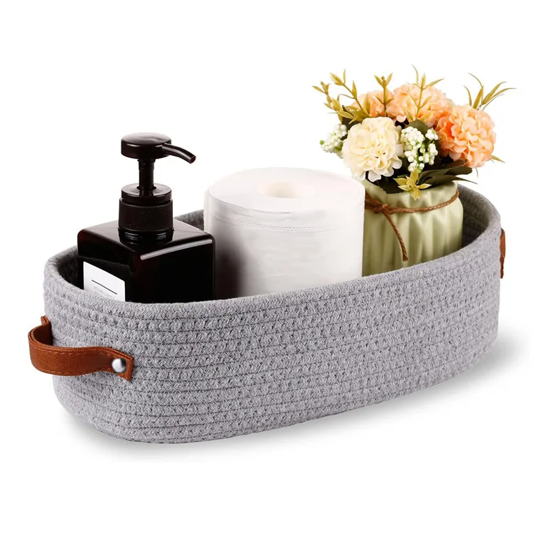 Hand-woven Home Storage Box Oval Leather Handle Cotton Rope Toy Bathroom Simple Style Home Decoration