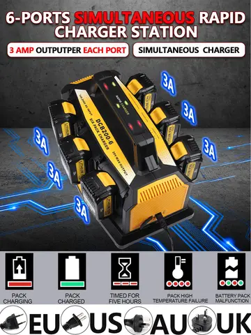 Dewalt 20V 배터리용 Beytvyow 슈퍼 배터리 충전기 Dewalt 배터리와 호환되는 6포트 동시 급속 충전기 스테이션