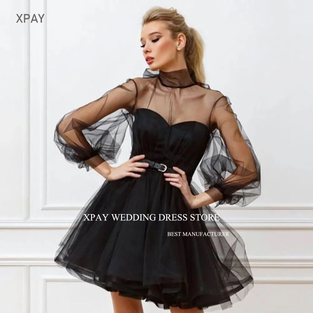 XPAY Black A-line Prom Party Gown Illusion High Collar Long Sleeves Evening Dresses Above Knee vestidos de festa Custom Made