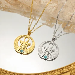 Horus Eye Cross Necklace Stainless Steel Round Blue Gemstone Pendant Men and Women Prayer Talisman Jewelry Gift