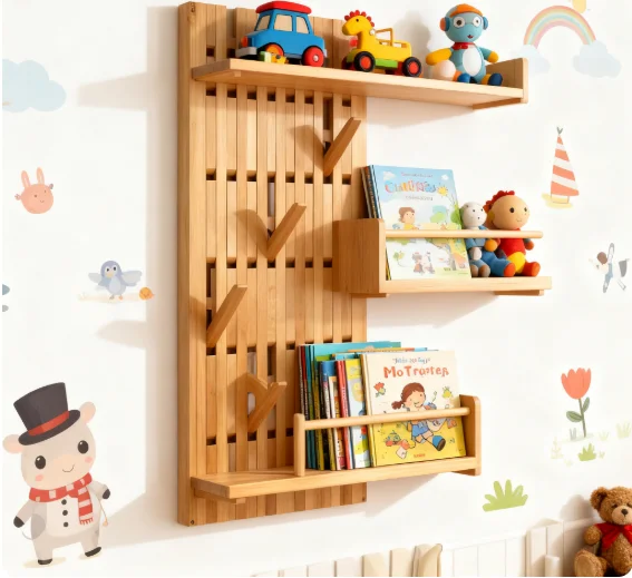 Solid Oak Beech Modern Foldable Adjustable Piano Key Shelf Wall-Mounted Multifunction Customized Color Clothing Storage Entryway