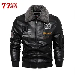 Mens Vintage Motorcycle Jacket Embroidery Detachable Fur Collar Biker PU Leather Jackets Winter Fleece Bomber Coat Overcoat Male