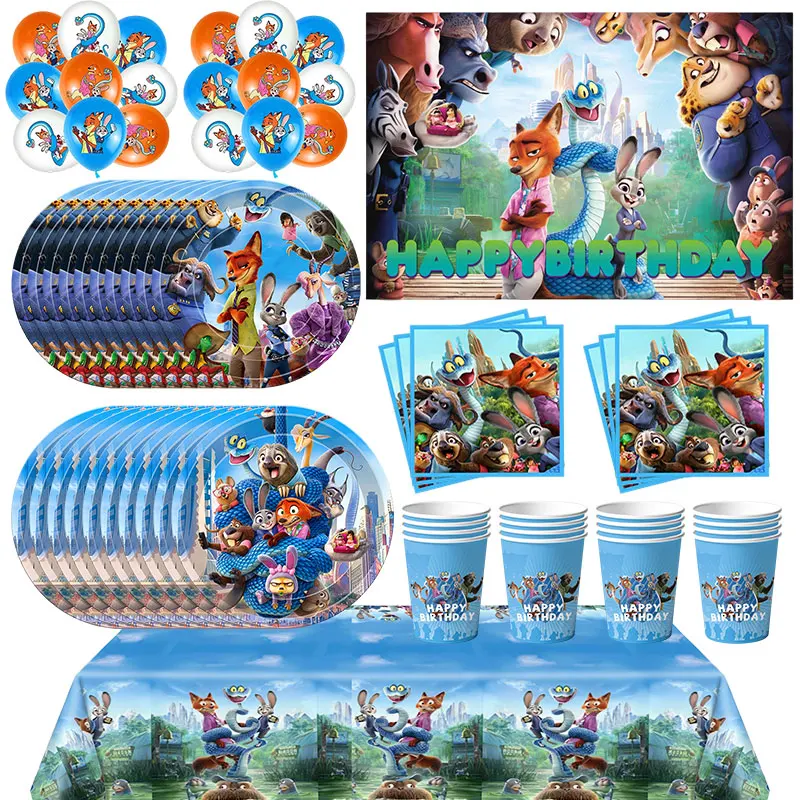 Décorations de fête d'anniversaire Zootopia, vaisselle, gobelets, assiettes, serviettes, fournitures de fête Zootopia pour anniversaire, ballons, toile de fond, porte-clés