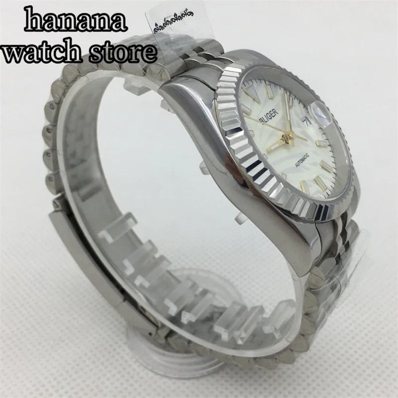 36 мм 39 мм золотой безель, белый циферблат, зеленый светящийся NH35, автоматический механизм, мужские часы, браслет из нержавеющей стали, сапфировое стекло