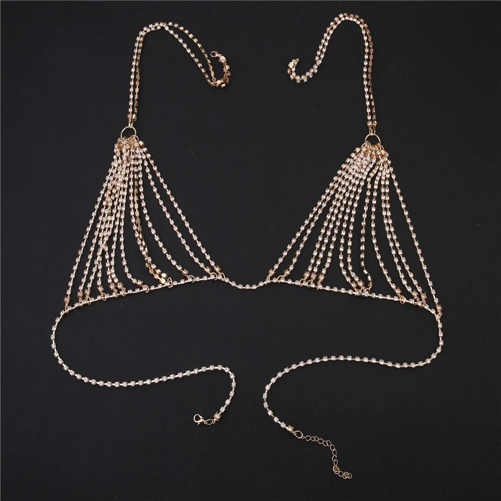 Cristal brilhante Rhinestone Bikini Peito Cadeia para Mulheres, Bikini Body Chain, Sexy Body Jewelry, arnês para Mulheres, vestido de praia, colar, verão