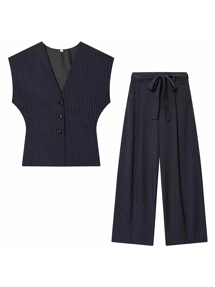 Women Fashion 2-Piece Set Single-breasted Sleeveless V-Neck Pinstripe Vest+Summer Pleated Loose Pocket Belt Zipper Pants view 3