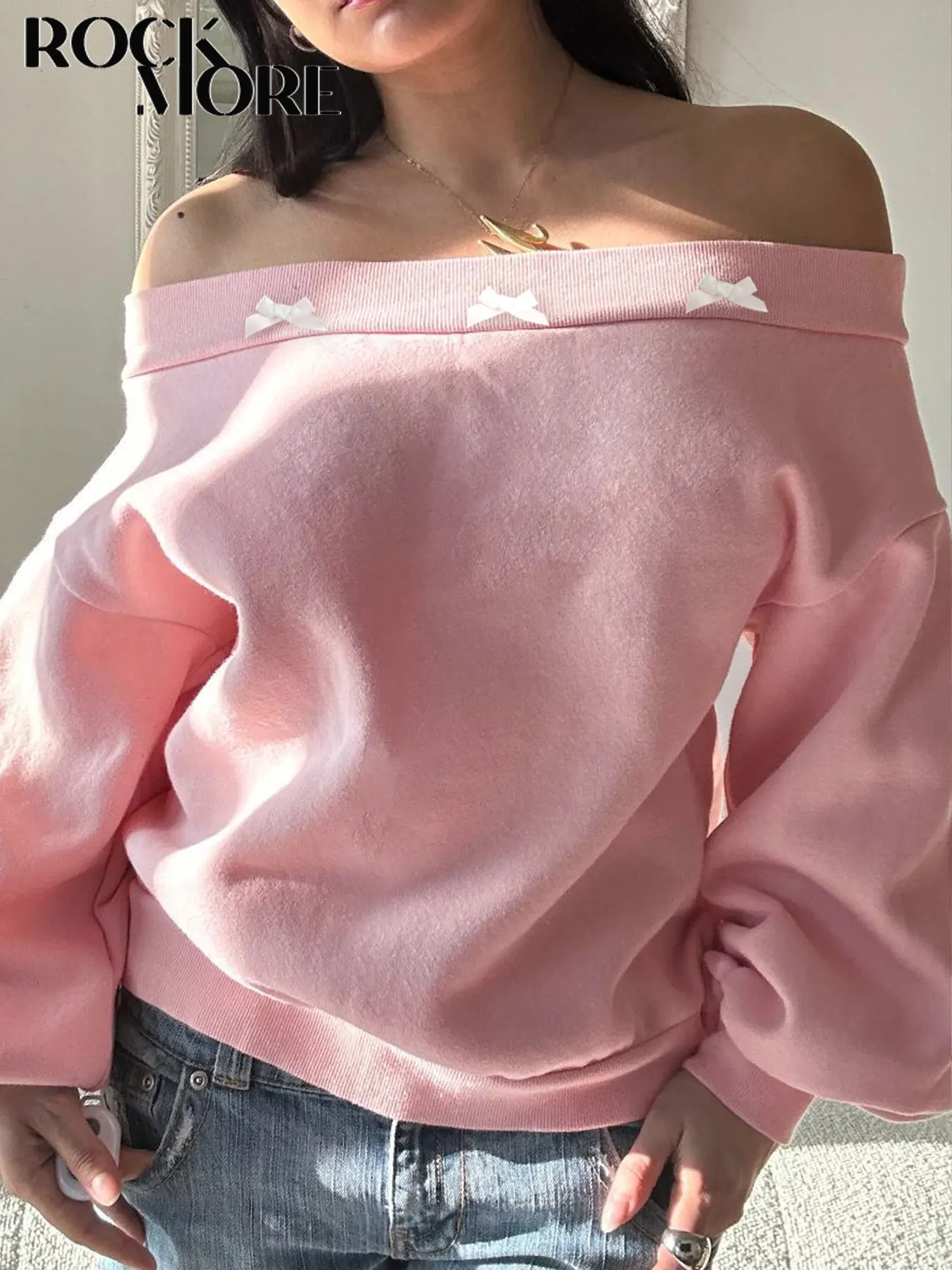 Rockmore Chic Sweet Off Shoulder Loose Bow Sweatshirts Casual Pink Long Sleeve Top Streetwear Y2k Clothes Women Autumn Pullover