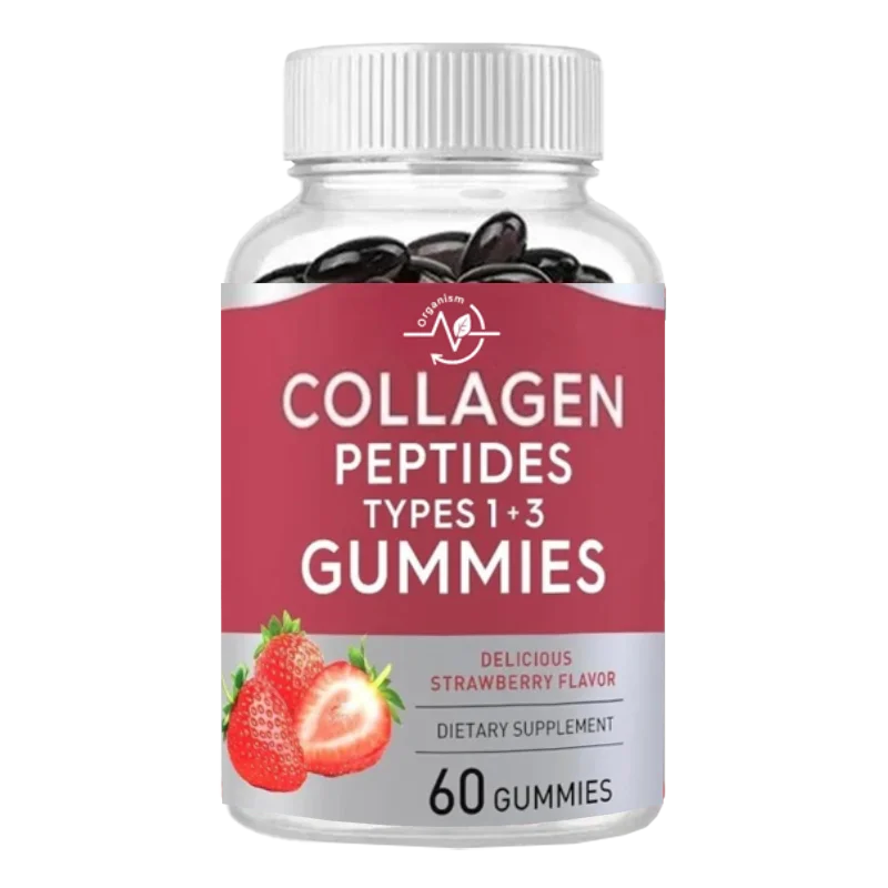 

Collagen Peptide Gummies -60 Strawberry Flavored Type 1 and Type 3 Supplements | Non GMO, Gluten Free