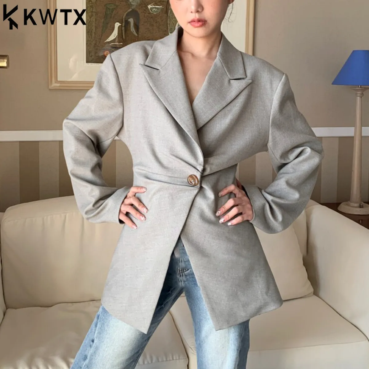 

KWTX 2025 Autumn Elegant One Button Waist Blazer Women's Fashion Office Work Tweed Jacket Ladies Chic Casual Fall Outerwear Coat