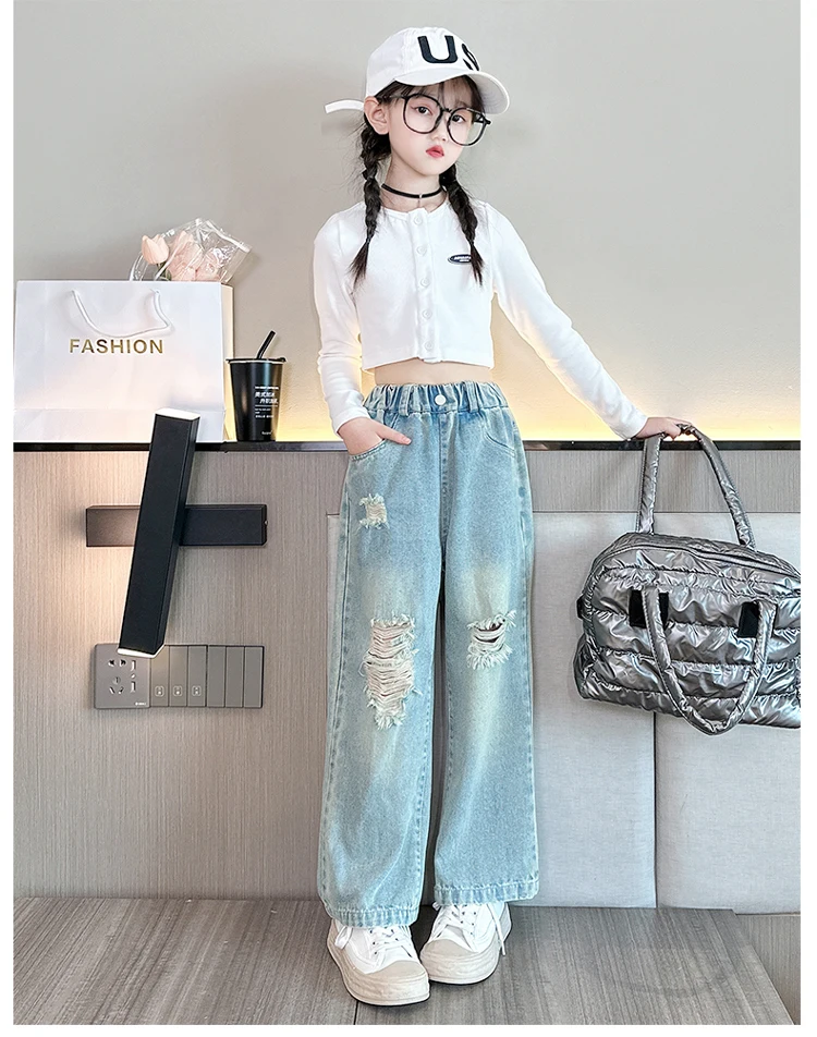 Cowgirl Ripped Jeans mit Löchern für Kinder Mädchen, lässiger Stil, zerrissene Denim-Hosen, Frühling Herbst Kinder High Street Kleidung 5 bis 14 Jahre – Detail 6