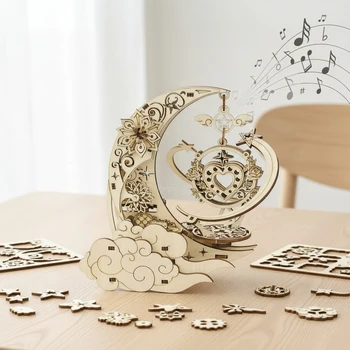 3D Wooden Puzzle Moon Star Model Music Box Building Kits Rotating Craft Decor Educational…