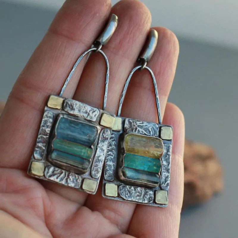 Tribal Inlaid Green Blue Zircon Stone Drop Earrings Vintage Silver Color Metal Two Tone  Bag Lock Shaped Dangle Earrings