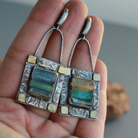 Tribal Inlaid Green Blue Zircon Stone Drop Earrings Vintage Silver Color Metal Two Tone  Bag Lock Shaped Dangle Earrings