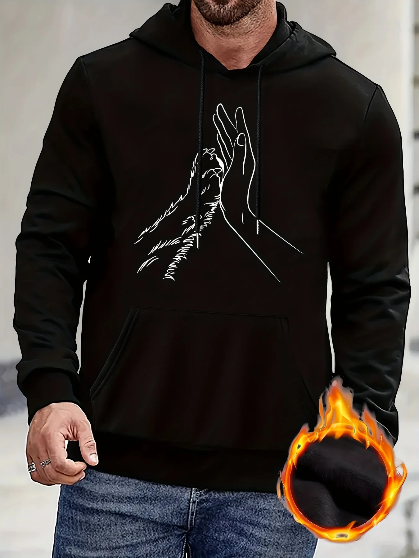 Minimalist Dog & Human Hand Hoodie for Men Pet Bond Design Black Casual Pullover Hooded Sweatshirt Hip Hop Streetwear Top