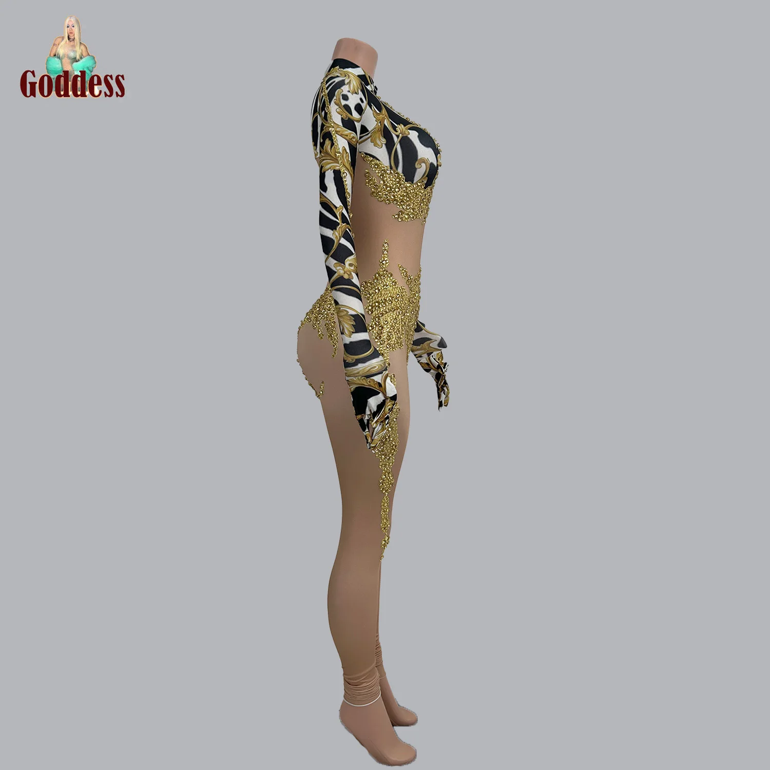 Sexy Sparkly Gold Rhinestone Sexy Jumpsuit with Gloves Club Party Leggings Stage Pole Dance Dancing Floor Bar Hot Dance Jumpsuit