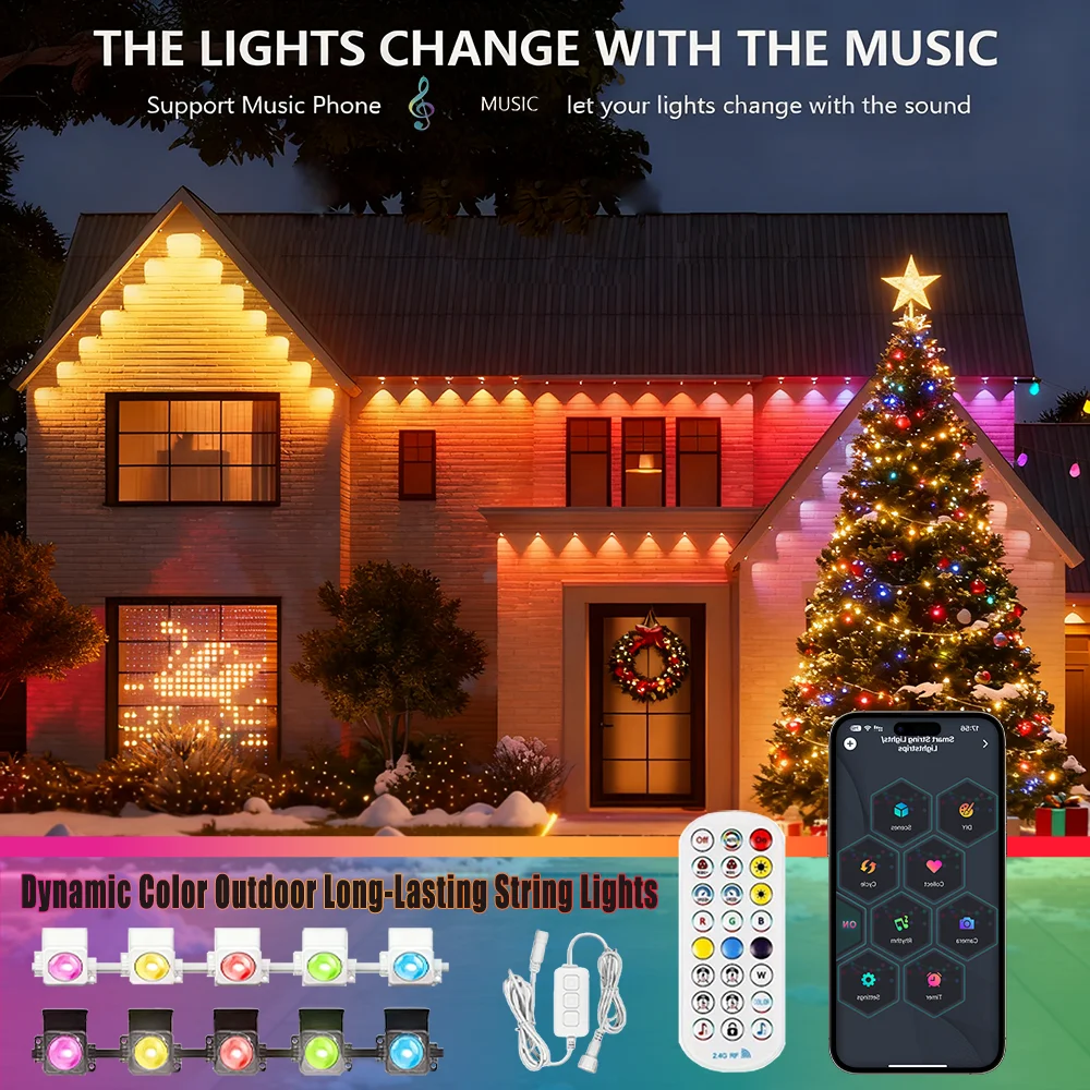Waterproof Permanent Outdoor LED String Lights 5/90-Meter DIY Smart App & Remote-Controlled Adjustable RGB Eave Lights Festive A