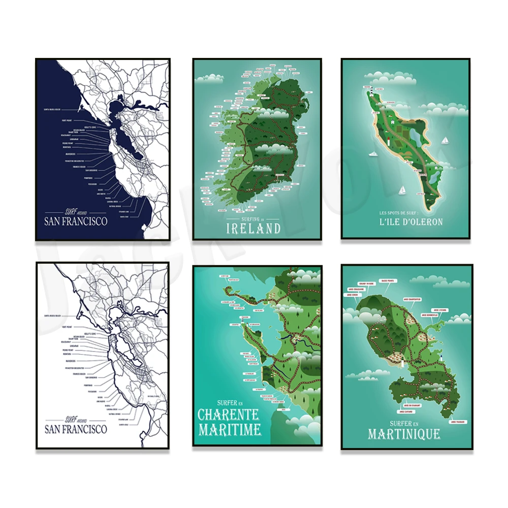 Surf Map 'île d'Oléron, San Francisco, France, Brittany, Guadeloupe, Martinique, Ireland, surf map poster surfer gift