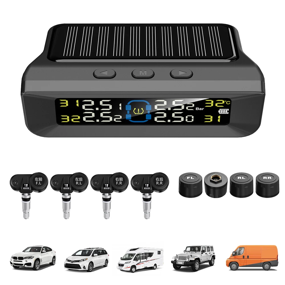 Car Tire Pressure Monitoring System Digital LCD Display Auto Security Alarm Systems Solar/USB Powered TPMS Real Time Monitor