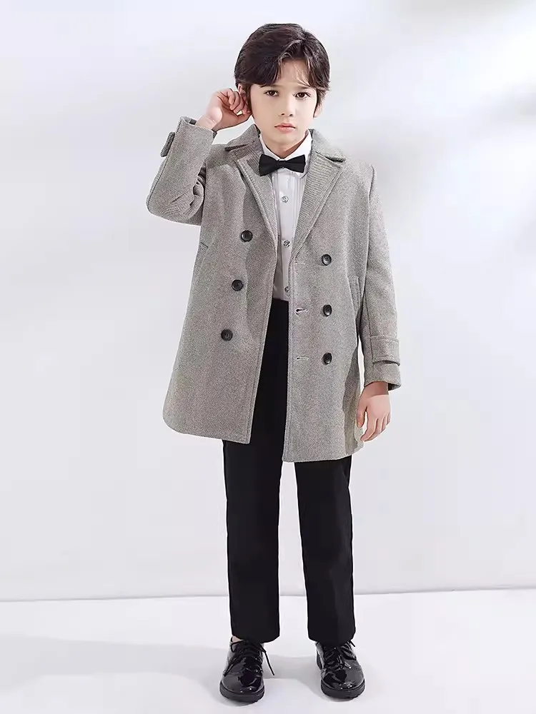 Children Windproof Outdoor Long Jacket Kids Formal Birthday Party Photography Woolen Coat Boys Girls Winter Thick Warm Wool Coat