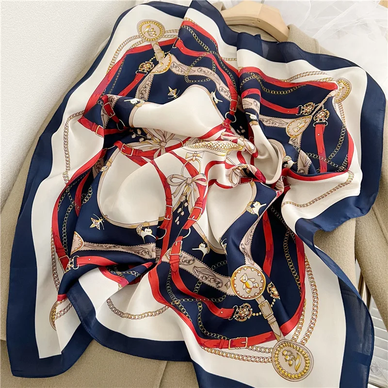 Vier-Eckschal aus Seide für Damen, Schal mit Satin-Aufdruck, Stirnband, Haarband für Damen, Umhängetasche für Damen, Schal für Damen, Kopftuch, 70 cm – Detail 10