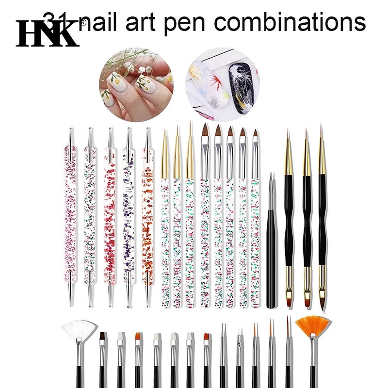 Acrílico Gel Nail Art Brush Set, Kit de Ferramentas Manicure, Liner e Dotting, Home Professional Salon, 31Pcs